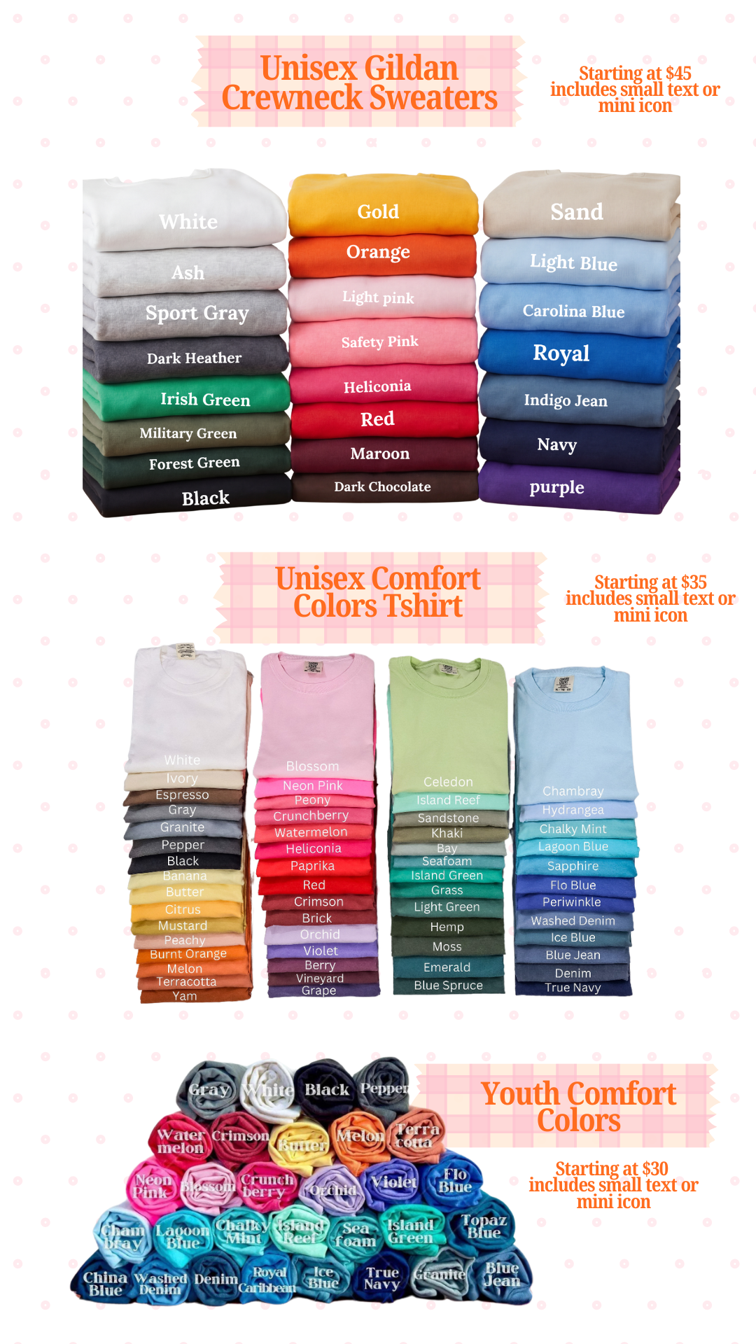 Collection of Gildan clothing items including sweaters, t-shirts, and youth shirts in various colors on a white background.