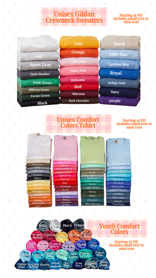 Collection of Gildan clothing items including sweaters, t-shirts, and youth shirts in various colors on a white background.