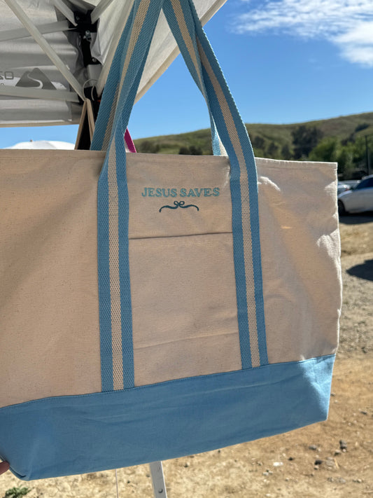 XL Canvas Bag "Jesus Saves" Blue with Bow