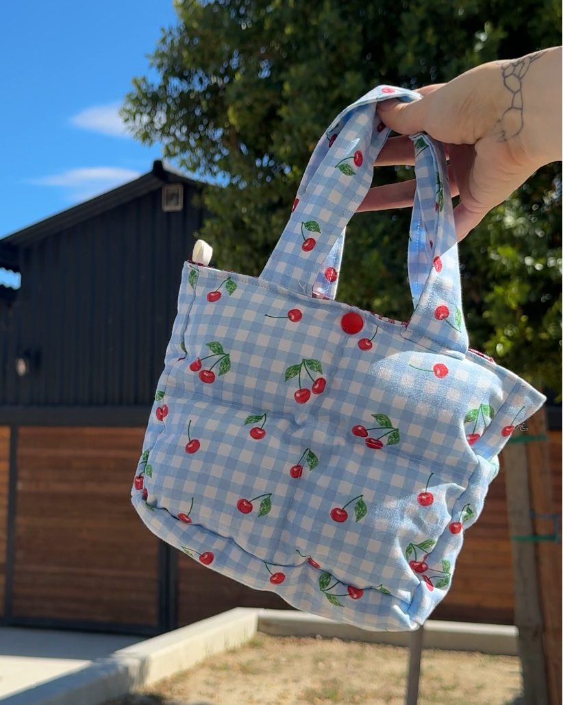 Hand holding a patterned bag against a clear blue sky with trees and a building in the background.