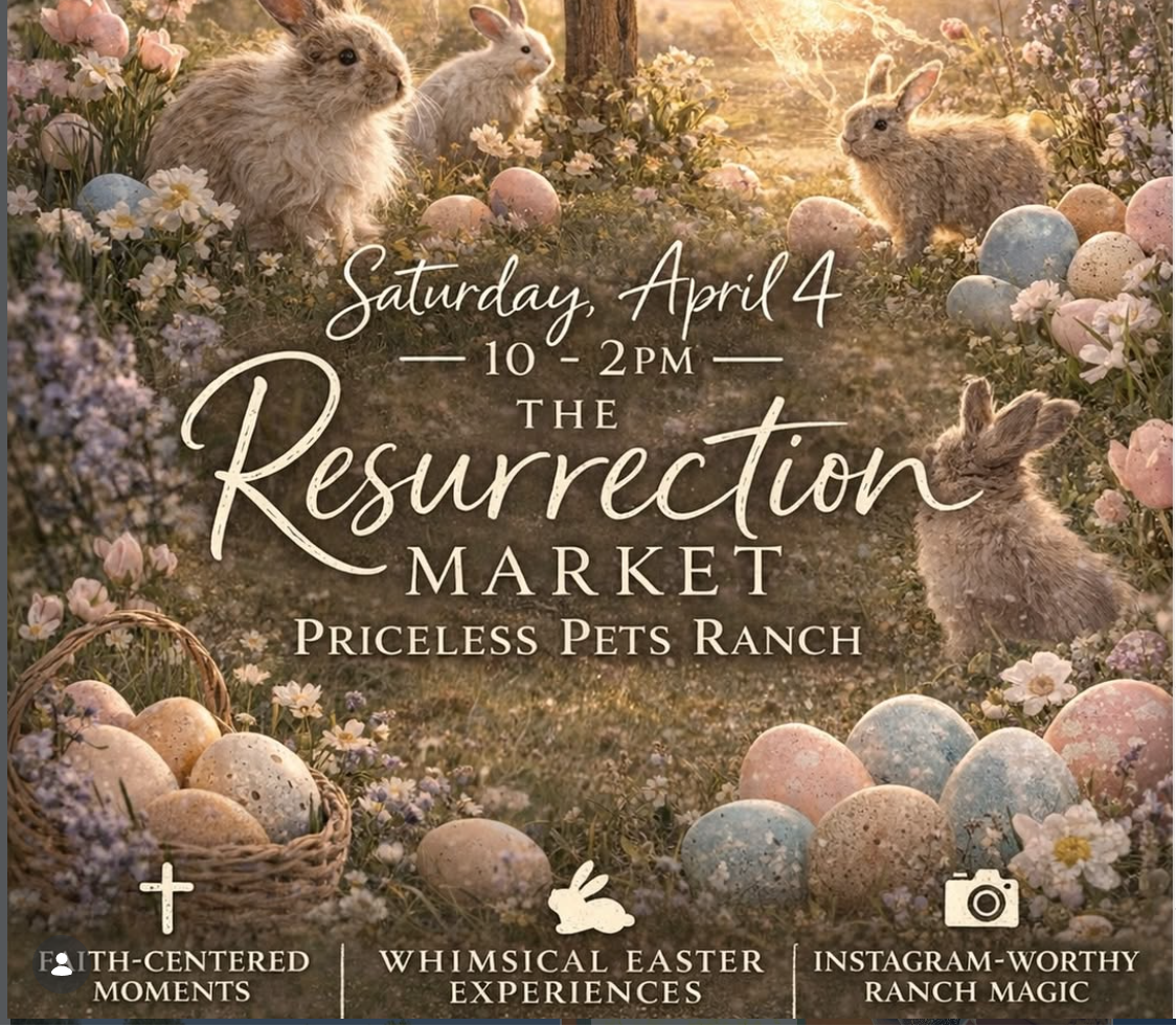 Advertisement for 'The Resurrection Market' event featuring bunnies and Easter eggs in a pastoral setting.
